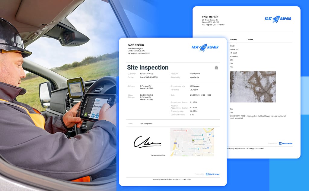 Split screen, on left a man in van driving looking at tablet. On right two paper showing site inspections.