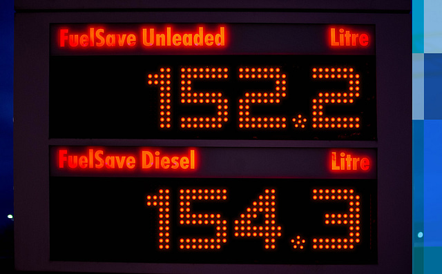 Petrol forecourt signage showing pricing of petrol and diesel
