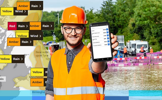 Weather map on the left hand screen showing bad weather, photo of a flood on the right. Man in the middle holding a BigChange tablet.